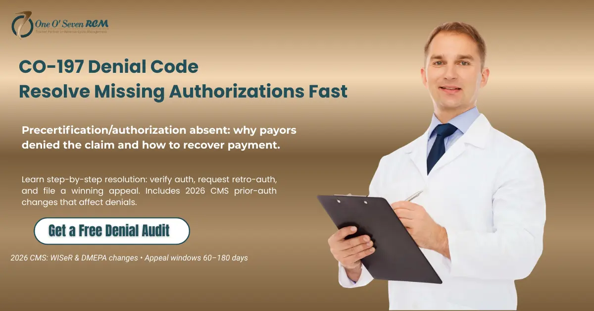 CO-197 denial code illustration showing prior authorization denial and medical billing resolution workflow