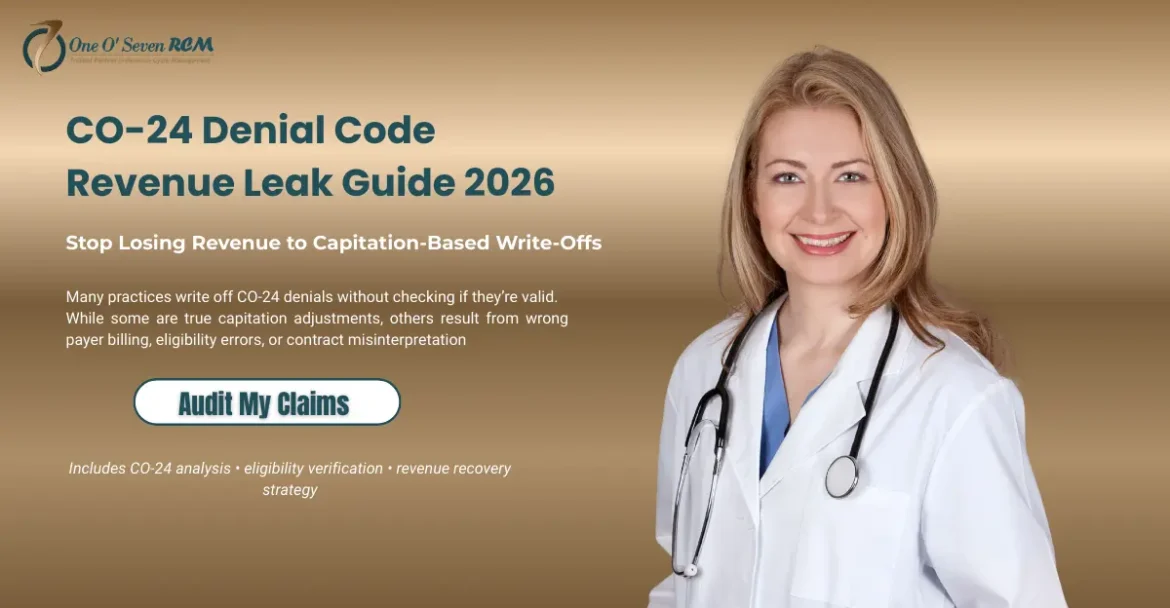 CO-24 denial code revenue guide 2026 showing capitation write-offs, causes, and revenue recovery strategy for medical billing