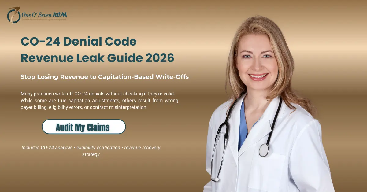 CO-24 denial code revenue guide 2026 showing capitation write-offs, causes, and revenue recovery strategy for medical billing