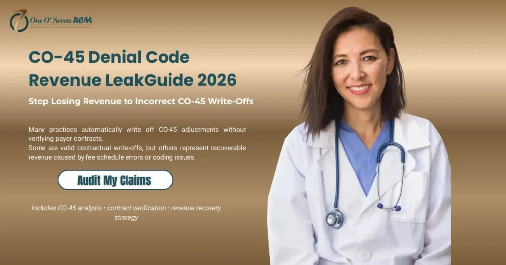 CO-45 denial code guide 2026 explaining contractual adjustments and revenue loss from incorrect write-offs in medical billing.