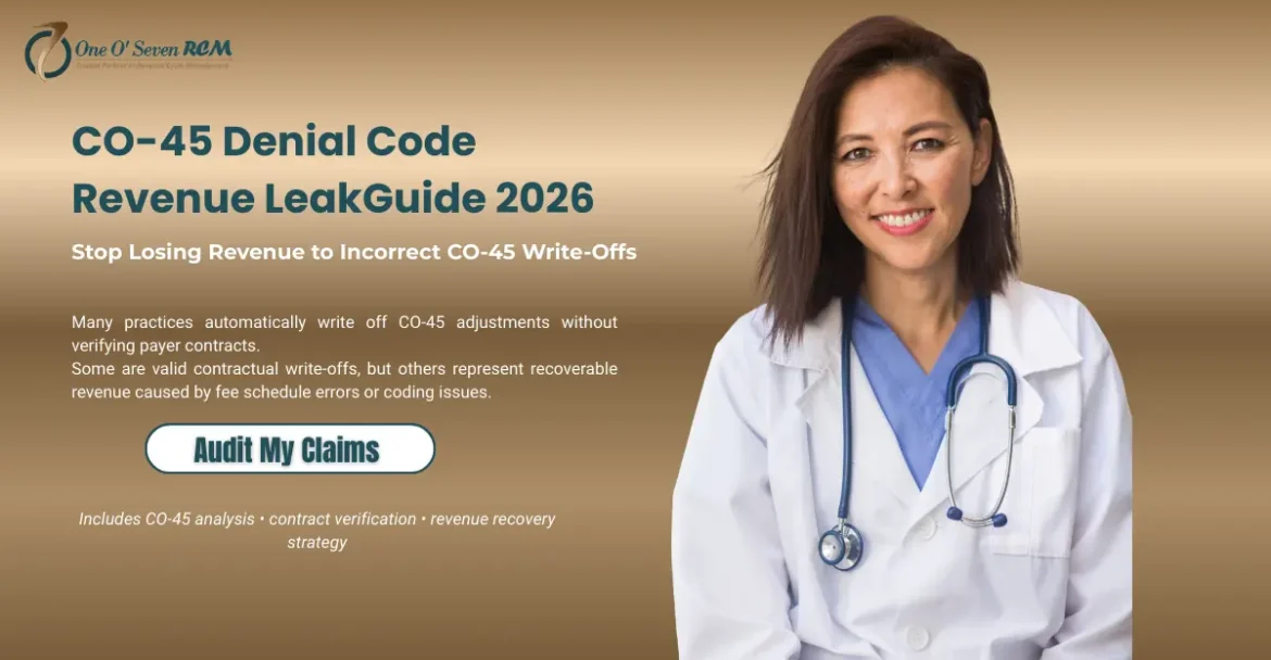 CO-45 denial code guide 2026 explaining contractual adjustments and revenue loss from incorrect write-offs in medical billing.