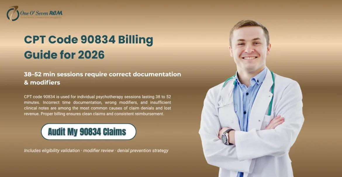 CPT code 90834 psychotherapy billing illustration showing 38–52 minute session, documentation requirements, and modifier usage for accurate reimbursement