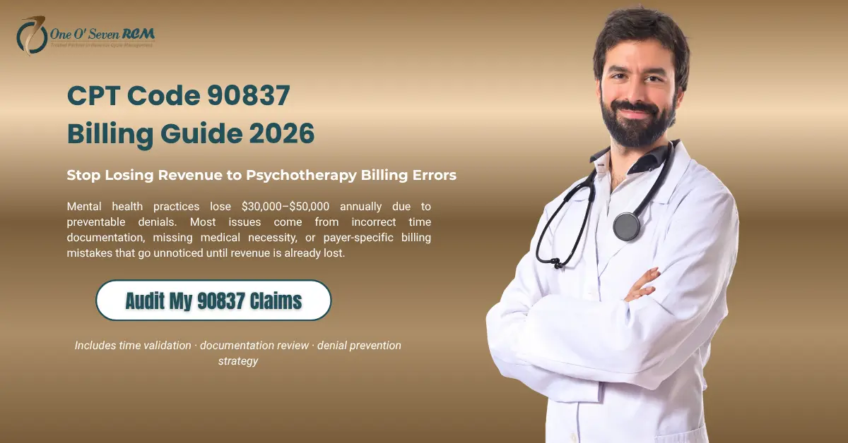 CPT Code 90837 billing guide 2026 showing psychotherapy documentation, 53 minute rule, and claim denial prevention strategies