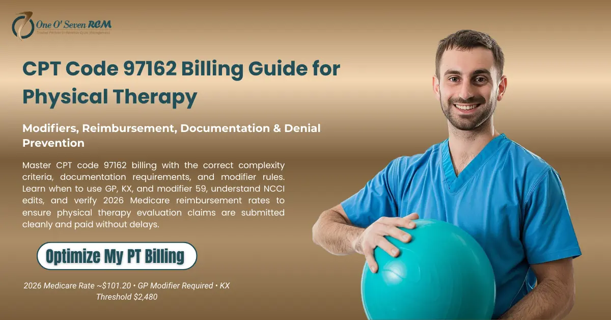 CPT Code 97162 billing guide showing modifiers reimbursement rules and documentation requirements for physical therapy evaluation claims in 2026