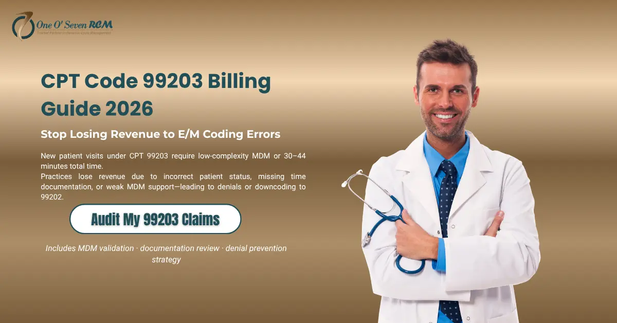 CPT Code 99203 billing guide 2026 showing new patient E/M visit requirements including low complexity MDM, 30-44 minute time rule, documentation and reimbursement insights