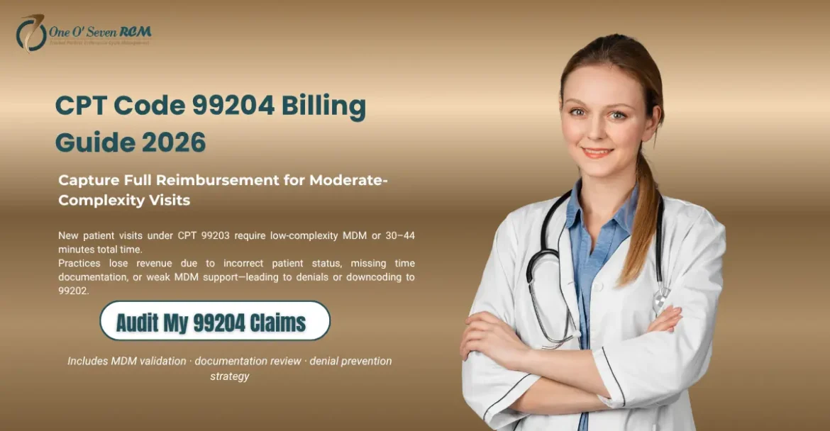 CPT 99204 billing guide 2026 showing moderate MDM requirements, time rules, and denial prevention strategies