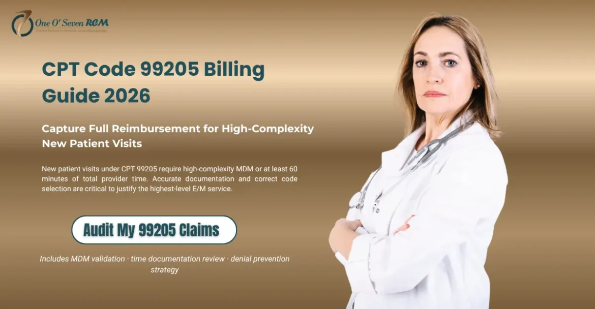 CPT code 99205 billing guide 2026 showing high complexity E/M requirements, 60 minute time rule, reimbursement and documentation guidelines