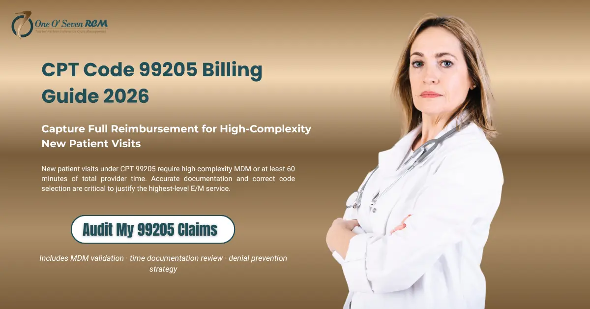 CPT code 99205 billing guide 2026 showing high complexity E/M requirements, 60 minute time rule, reimbursement and documentation guidelines