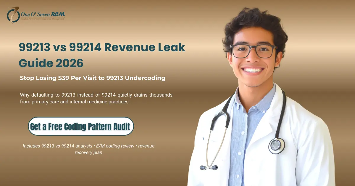 CPT Code 99213 underbilling illustration showing revenue loss when providers bill 99213 instead of 99214 for moderate MDM established patient visits.