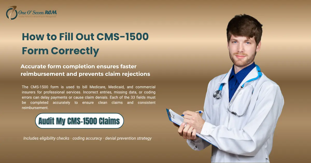 CMS-1500 form billing guide illustration showing correct claim form completion, patient data entry, ICD-10 codes, and CPT coding for accurate reimbursement