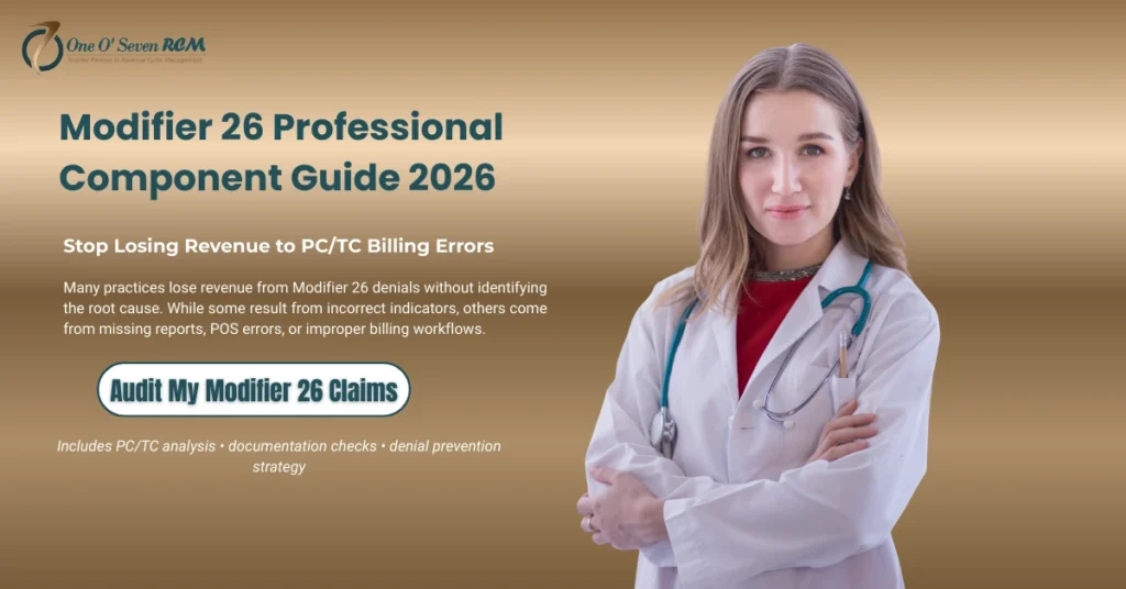 Modifier 26 professional component billing illustration showing PC TC workflow, denial prevention, and accurate medical billing process