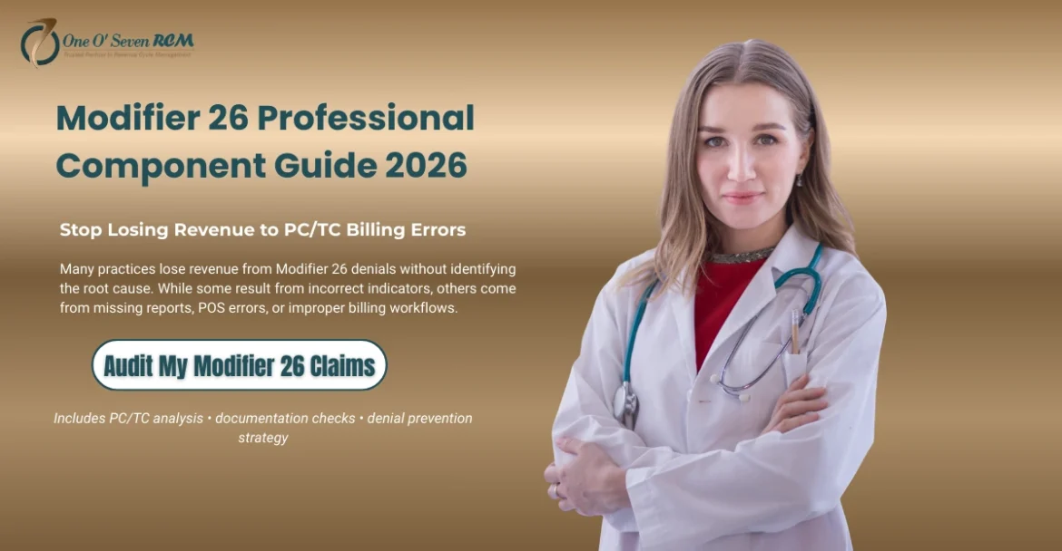 Modifier 26 professional component billing illustration showing PC TC workflow, denial prevention, and accurate medical billing process