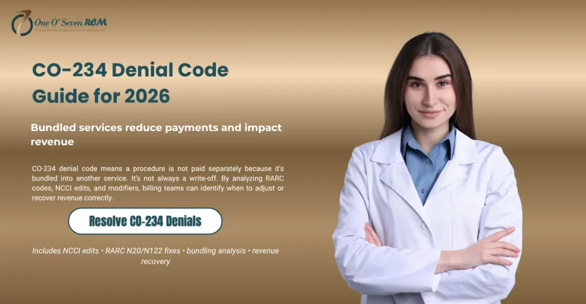 CO-234 denial code showing bundled procedure payment issue, NCCI edits, and claim resolution workflow in medical billing