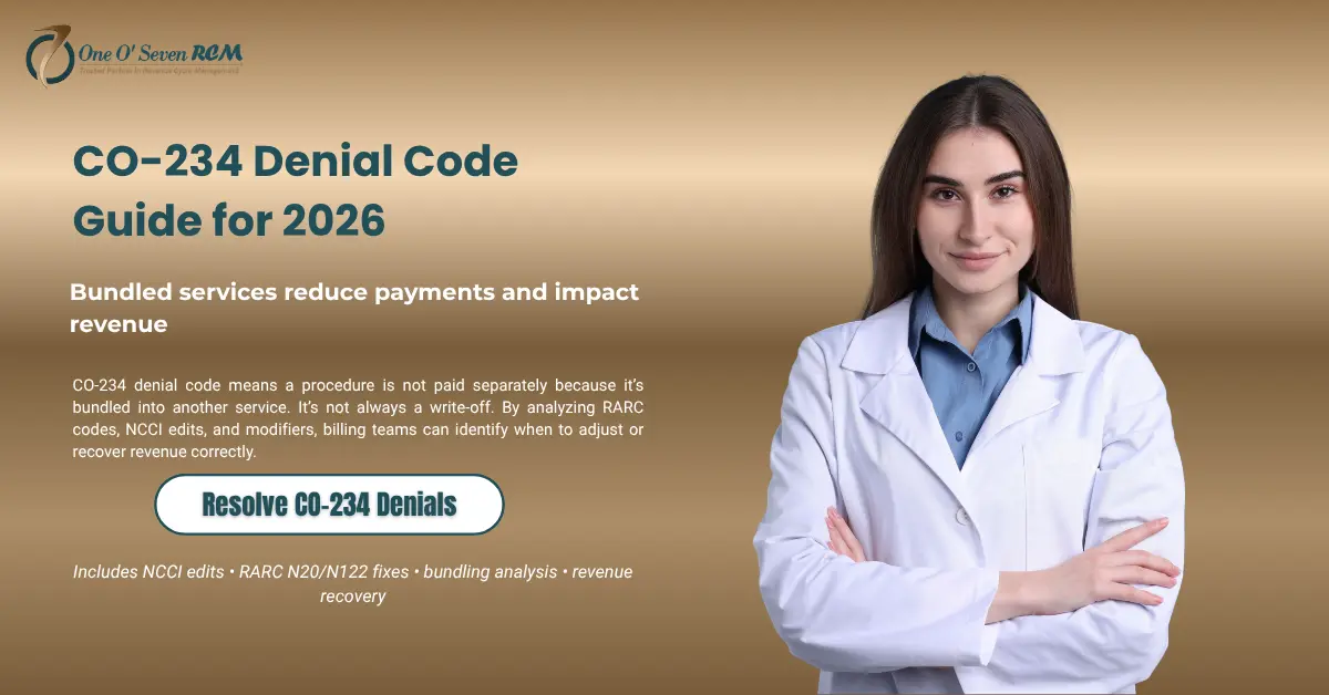 CO-234 denial code showing bundled procedure payment issue, NCCI edits, and claim resolution workflow in medical billing