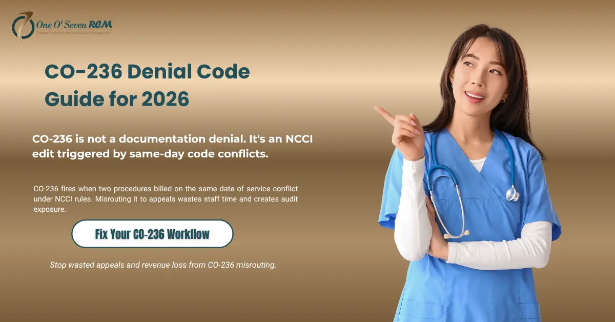 CO-236 denial code guide for 2026 hero banner explaining that CO-236 is an NCCI Procedure-to-Procedure edit, not a documentation denial, with a CTA to fix the resolution workflow.