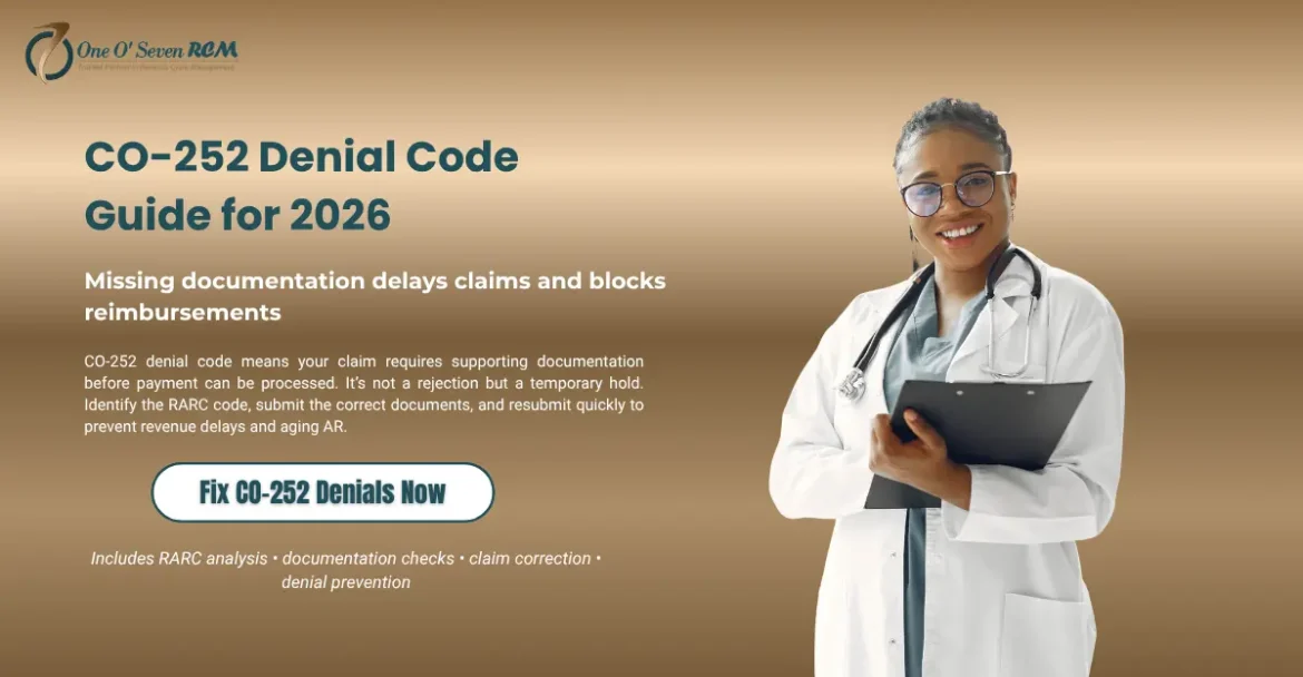 CO-252 denial code explanation showing missing documentation issue, RARC codes, and claim resubmission process in medical billing