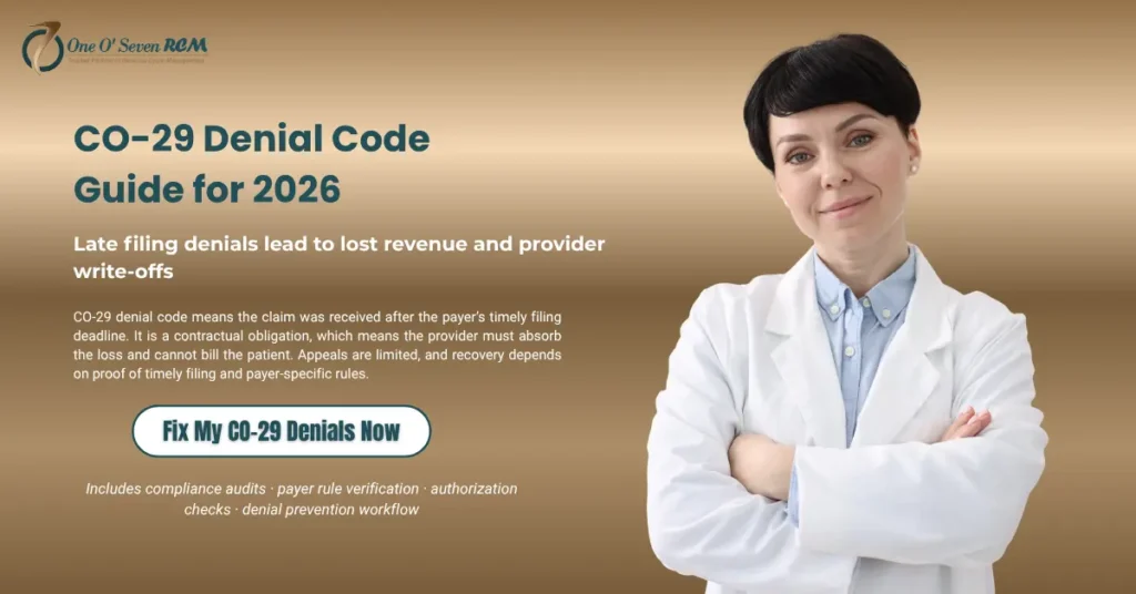 CO-29 denial code guide showing timely filing limits, claim rejection causes, and denial prevention strategies