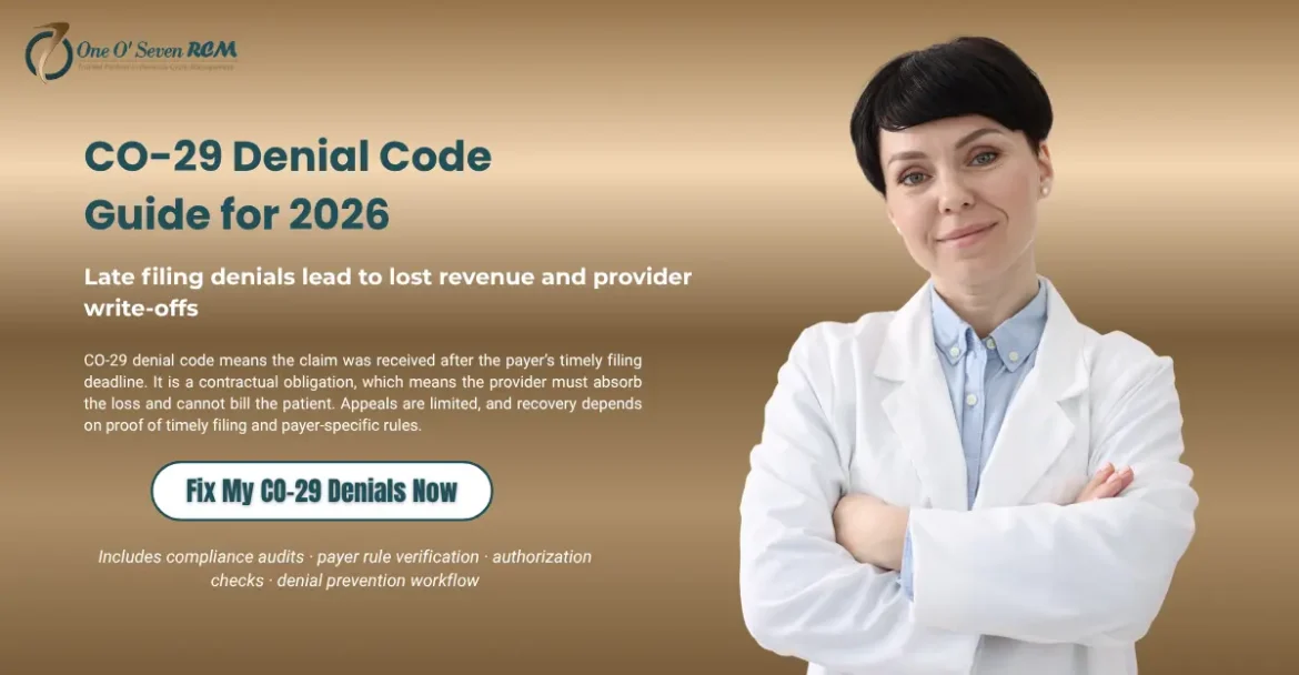 CO-29 denial code guide showing timely filing limits, claim rejection causes, and denial prevention strategies