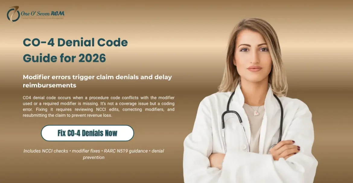 CO-4 denial code showing modifier conflict, NCCI edit errors, and claim correction workflow in medical billing