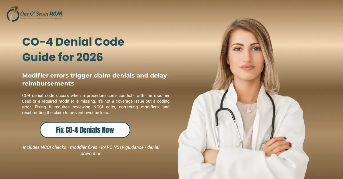 CO-4 denial code showing modifier conflict, NCCI edit errors, and claim correction workflow in medical billing