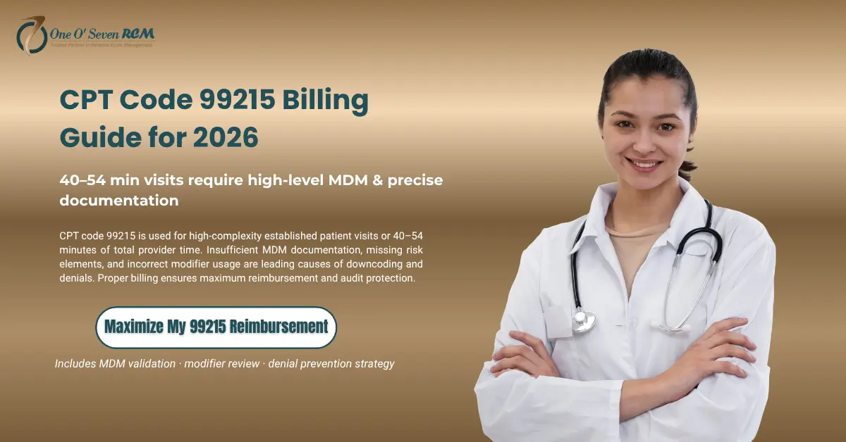 CPT 99215 billing guide highlighting high MDM documentation, 40–54 minute visit requirements, and denial prevention strategies