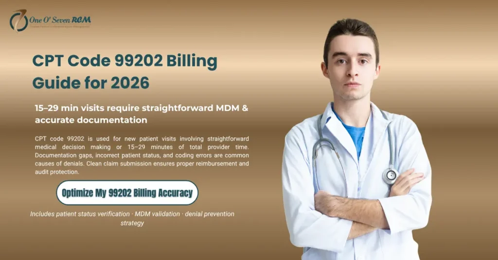 CPT Code 99202 billing guide for 2026 showing time requirements, straightforward MDM criteria, documentation rules, and denial prevention tips for new patient visits