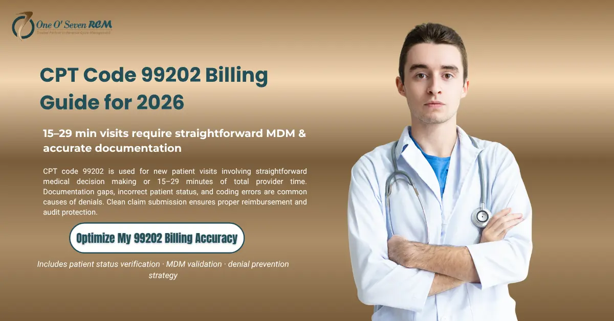 CPT Code 99202 billing guide for 2026 showing time requirements, straightforward MDM criteria, documentation rules, and denial prevention tips for new patient visits