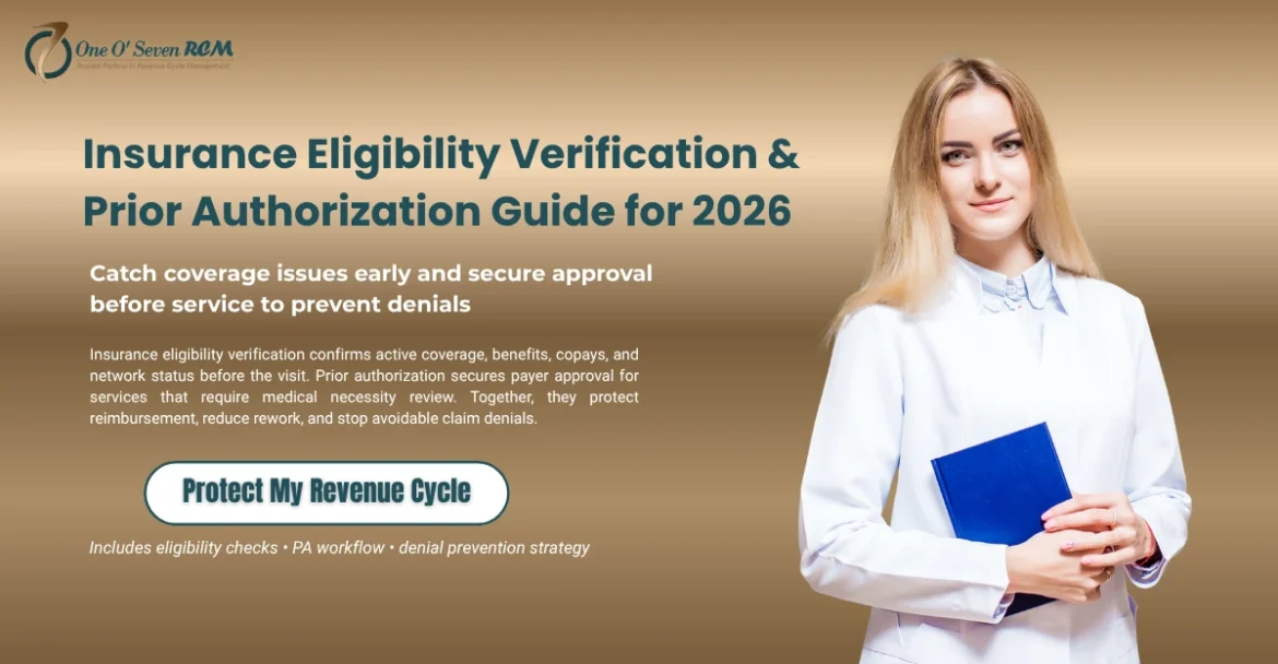 Eligibility verification and prior authorization process in medical billing showing insurance coverage check and pre-approval workflow to prevent claim denials