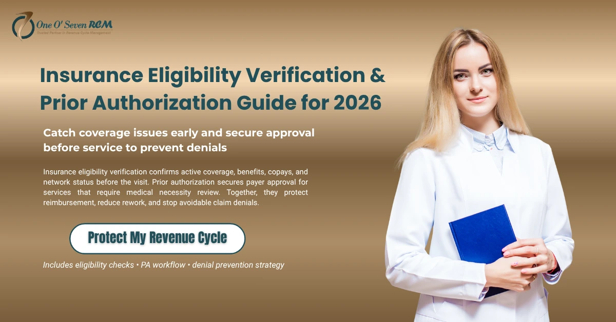 Eligibility verification and prior authorization process in medical billing showing insurance coverage check and pre-approval workflow to prevent claim denials