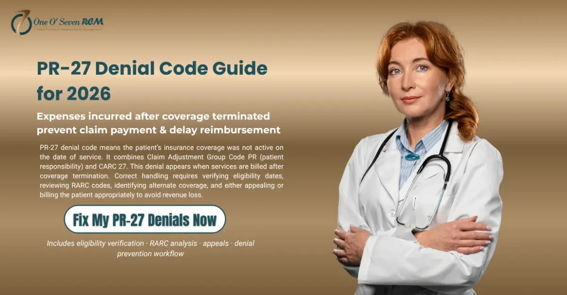 PR-27 denial code guide showing coverage termination issue, causes, and resolution workflow for medical billing