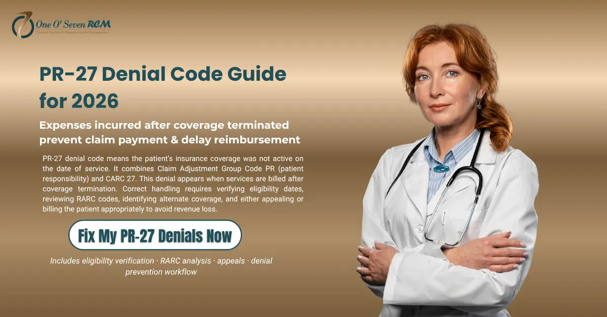 PR-27 denial code guide showing coverage termination issue, causes, and resolution workflow for medical billing