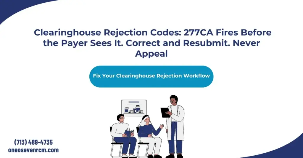 Clearinghouse rejection codes medical billing 2026 hero banner: 277CA claim acknowledgment triage, 20 rejection code reference, TA1 versus 999 versus 277CA transaction levels, CO-197 and CO-16 escalation paths, and timely filing risk from unmonitored rejection queues.