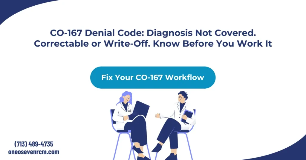 CO-167 denial code 2026 hero banner: diagnosis not covered, correctable vs non-correctable classification, Medicare LCD verification, CO group code write-off rule, and ICD-10 correction workflow for AR teams.