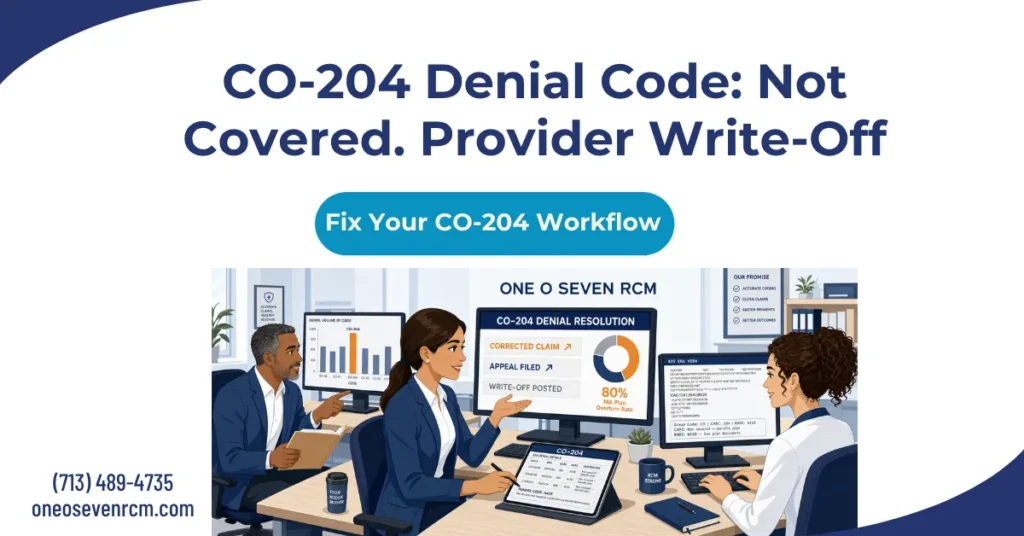 CO-204 denial code 2026 hero banner: service not covered under benefit plan, provider write-off and resolution workflow.