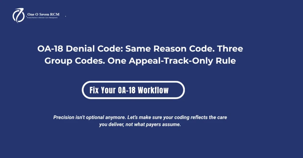 OA-18 denial code 2026 hero banner: CO-18 vs OA-18 vs PI-18 disambiguation, four-way duplicate framework, appeal-track-only rule, and Modifier 76/77/91/59/RT/LT/50 corrective playbook.