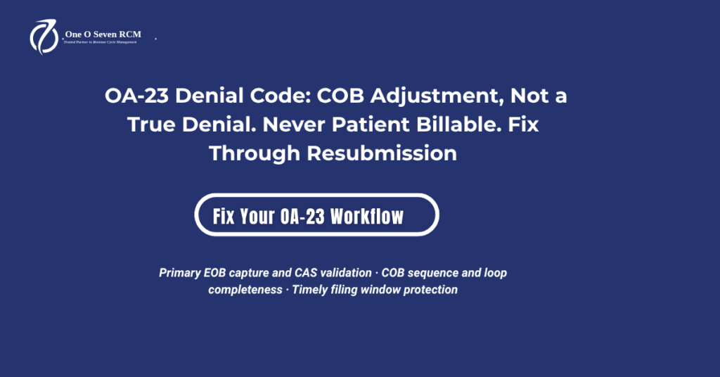 OA-23 denial code 2026 hero banner: coordination of benefits adjustment not a true denial, never patient billable, X12 RFI 2570 auto-posting rule, and corrected resubmission workflow