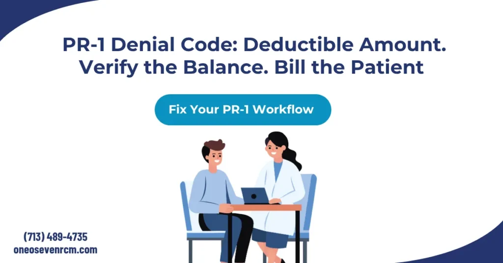 PR-1 denial code 2026 hero banner: patient deductible amount, payer portal balance verification, and patient billing workflow.