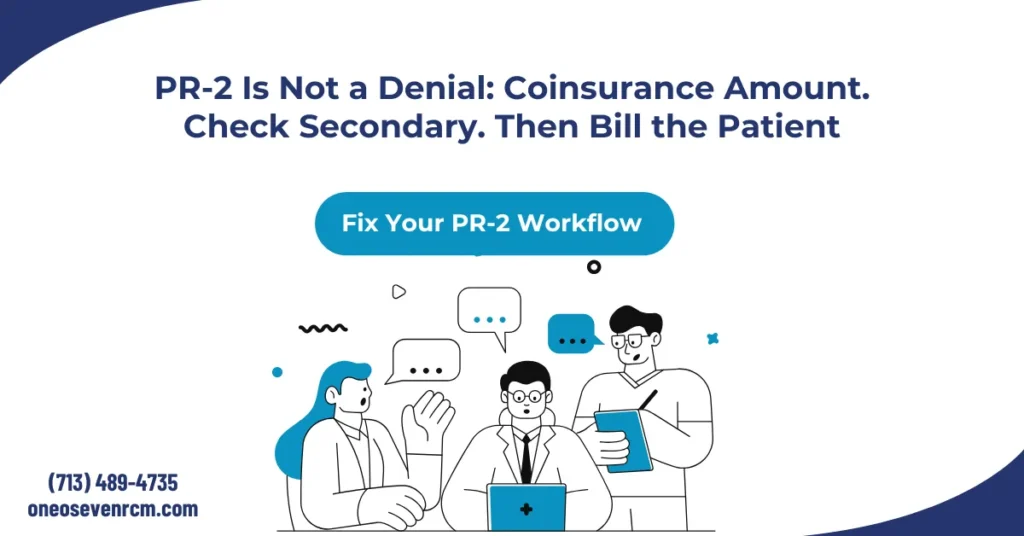 PR-2 denial code 2026 hero banner: coinsurance amount adjustment, PR Patient Responsibility group code, secondary insurance check, and patient billing workflow under X12 CARC 2 definition.