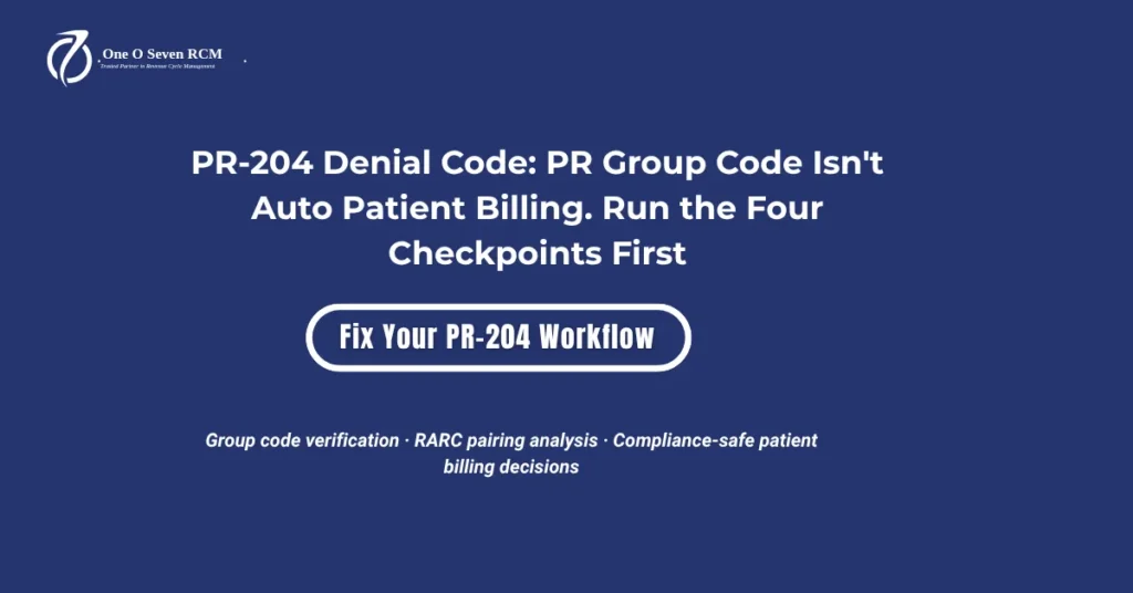 PR-204 denial code 2026 hero banner: PR group code does not auto-authorize patient billing, four-checkpoint compliance framework, and May 12 2026 ABN deadline.