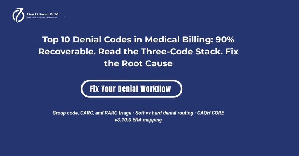 Top 10 denial codes in medical billing 2026 hero banner: 90 percent recoverable rate, three-code reading stack of group code CARC and RARC, soft versus hard denial routing, and CAQH CORE v3.10.0 ERA mapping.