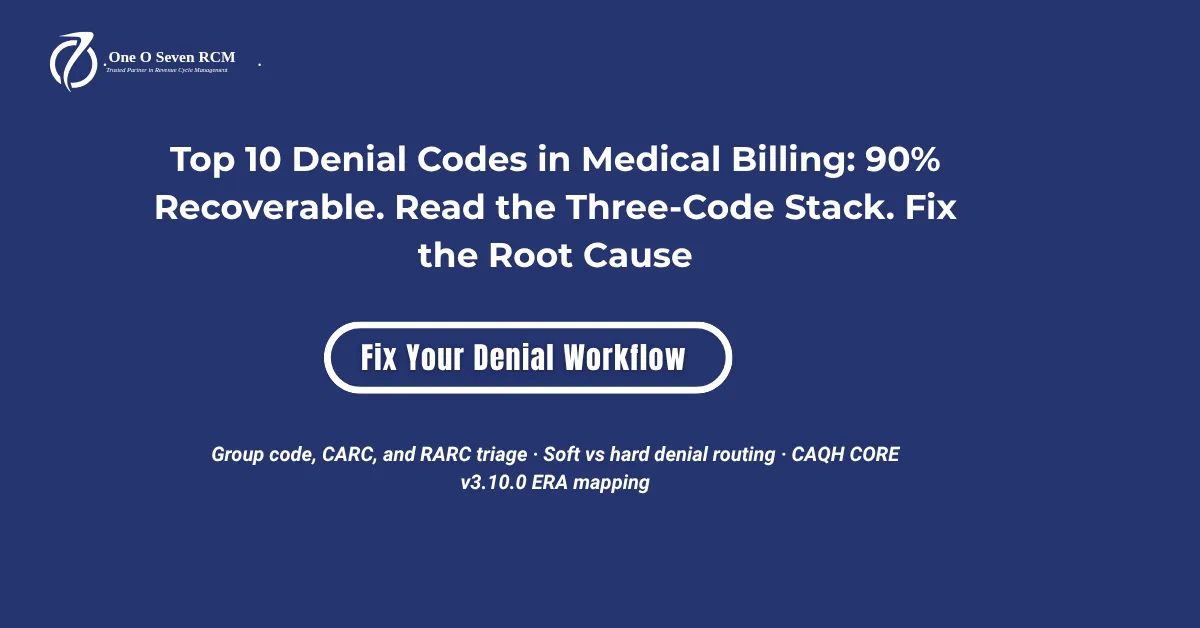 Top 10 denial codes in medical billing 2026 hero banner: 90 percent recoverable rate, three-code reading stack of group code CARC and RARC, soft versus hard denial routing, and CAQH CORE v3.10.0 ERA mapping.