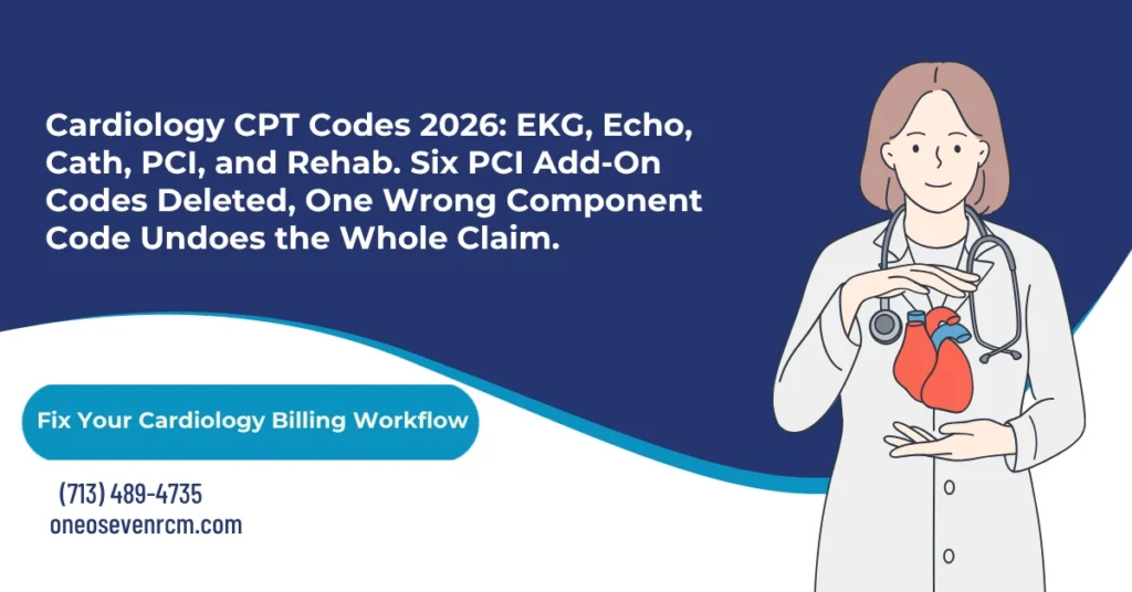 Cardiology CPT codes 2026 hero banner: 93000 global EKG versus 93005 technical and 93010 professional, 93306 complete echo with Doppler, cath base codes 93451-93461 by chamber and angio, the six deleted PCI add-ons and new complex stenting codes, and the LD/LC/RC modifier requirement on every Medicare PCI claim, from One O Seven RCM.