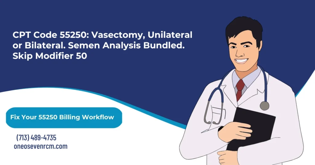 CPT code 55250 vasectomy billing 2026 hero banner: one code for unilateral or bilateral with semen analysis bundled in the 90-day global, Z30.2 on the procedure claim not Z98.52, Modifier GA for Medicare ABN, no Modifier 50, and the 52597 prostate bundling rule new in 2026, from One O Seven RCM.
