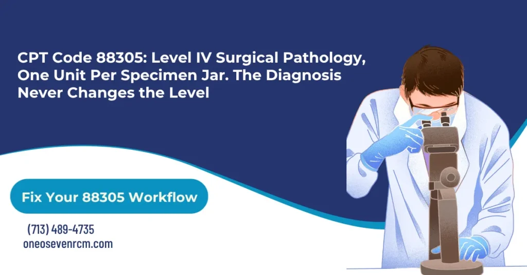 CPT code 88305 surgical pathology billing 2026 hero banner: Level IV specimen list, per-jar unit counting where one accession equals one unit, the G0416 Medicare rule for prostate needle biopsies, modifier 26 and TC split billing, MUE daily caps, and NCCI bundling with 88300.