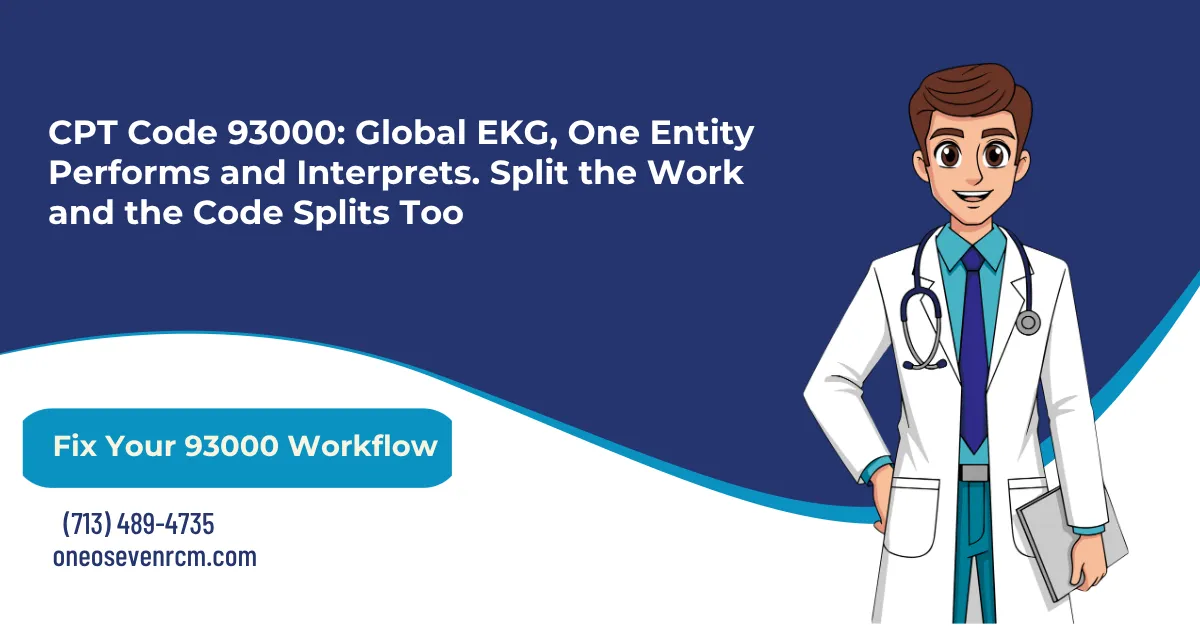 CPT code 93000 EKG billing 2026 hero banner: the global code requiring one entity to perform and interpret the 12-lead tracing, 93005 technical only versus 93010 professional only, modifier 76 for same-provider repeat with documented clinical change, the 93015 stress test bundle that drops 93000, and modifier 25 on the E/M line not the procedure, from One O Seven RCM.
