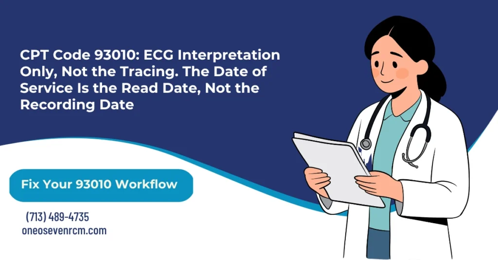 CPT code 93010 ECG interpretation billing 2026 hero banner: interpretation-and-report-only over the tracing covered by 93005, the hospitalist upcoding trap when 93000 is billed alongside an already-billed 93005, the CO-234 bundling denial, no Modifier 26 by default, and the Medicare one-interpretation-per-ECG rule, from One O Seven RCM.