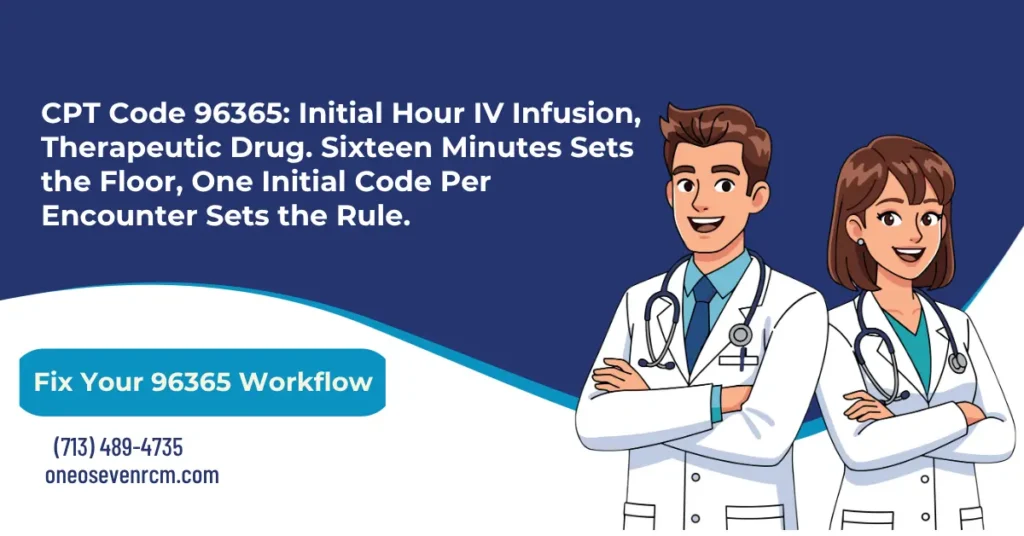 CPT code 96365 IV infusion billing 2026 hero banner: the 16-minute floor over 96374 push, one initial code per encounter with 96413 chemo taking priority, 96366 add-on at 30 minutes past the hour, incidental hydration not separately billable as 96360, and start-stop time documentation required on every claim, from One O Seven RCM.