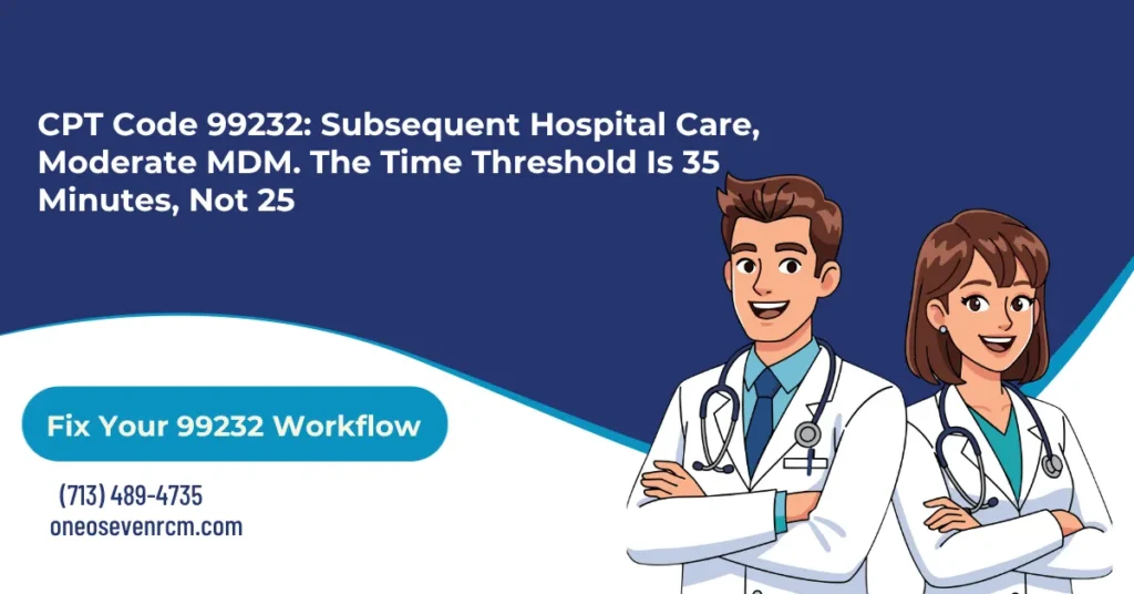 CPT code 99232 subsequent hospital inpatient and observation care 2026 hero banner: moderate MDM across two of three domains, the corrected 35-minute time threshold, the per-diem one-unit-per-day rule, the discharge-day conflict with 99238 and 99239, and Modifier AI for the attending.