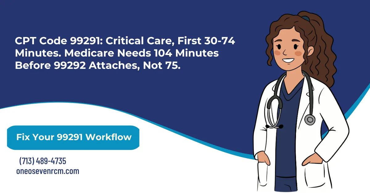 CPT code 99291 critical care billing 2026 hero banner: the organ-system-risk requirement over ICU location, the 30-74 minute threshold for 99291 with 104 minutes required before Medicare allows 99292, modifier FS for split and shared care, bundled services including ventilator management and ABG interpretation, and the MUE-1 cap that blocks a second unit same day, from One O Seven RCM.