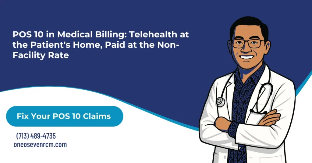 Place of service 10 home telehealth 2026 hero banner: the patient-at-home rule that separates POS 10 from facility-based POS 02, the higher non-facility rate POS 10 pays, modifier 95 for audio-video and 93 for audio-only, the 99202-99215 E/M range over the non-covered 98000 codes, and Medicare flexibilities extended through 2027.